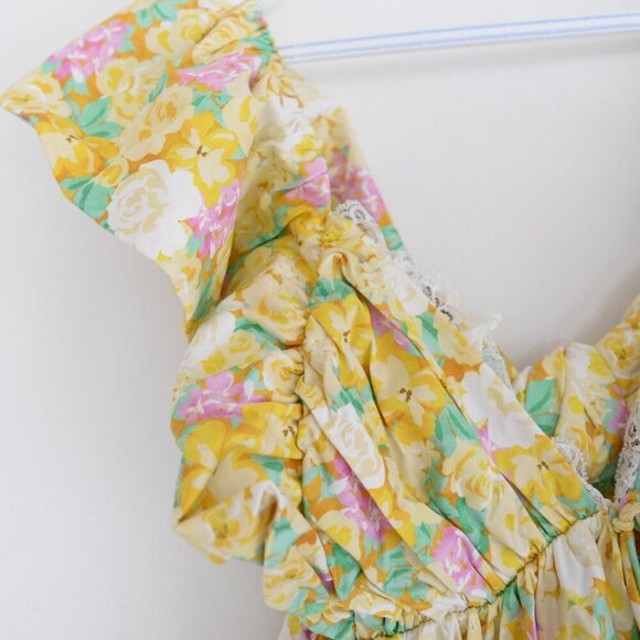 For Love & Lemons Yellow Tamra Dress with Florals & Ruffle Mini Dress M - Picture 6 of 13